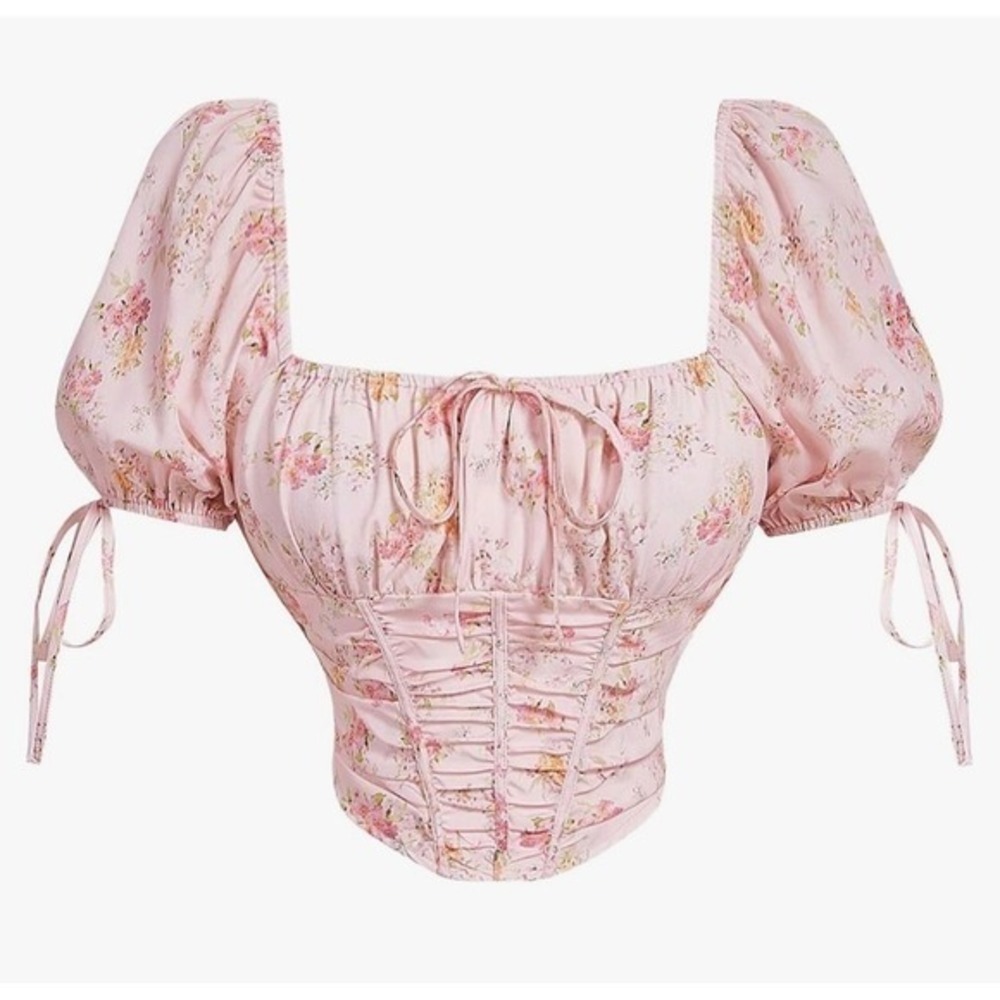 Floral Puff‎ Sleeve Medium Cropped Corset Crop Top Pink Coquette Cottagecore